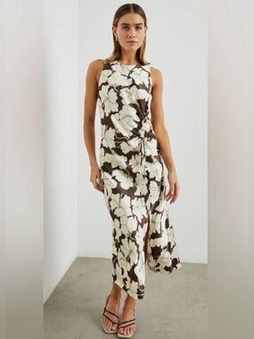 NWT Rails Gabriella Dress Mocha Floral Satin Midi Ruched Side Slit Size S